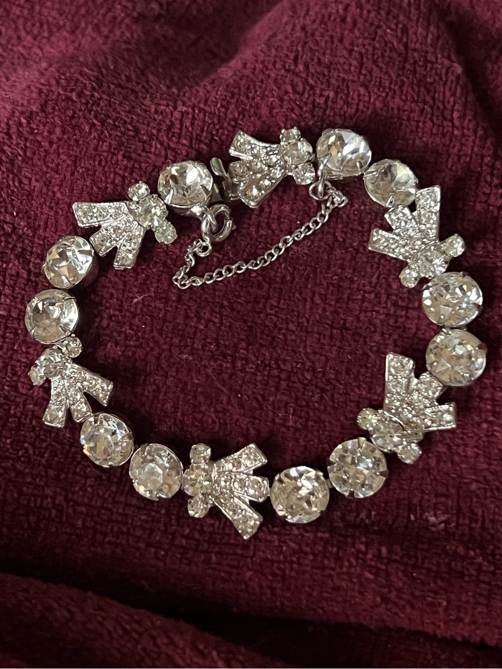 Vintage Silver-Tone Rhinestone Midcentury Tennis Link Bracelet with safety chain